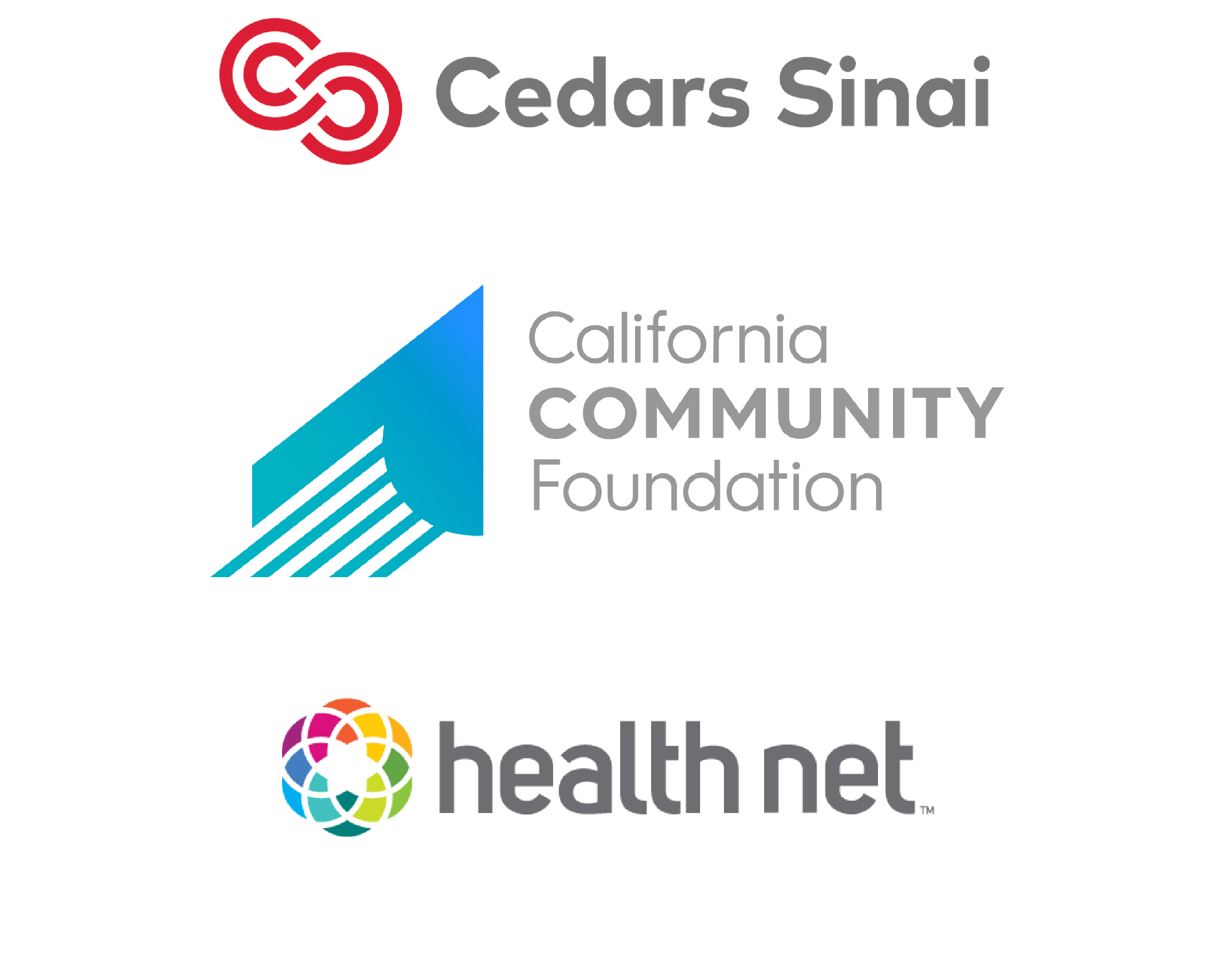 Logos for Cedars Sinai, California Community Foundation, and Health Net Logos for Cedars Sinai, California Community Foundation, and Health Net