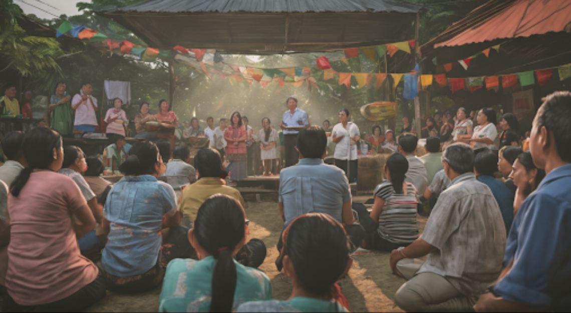 Illustration of several dozen people seated on a dirt floor facing a speaker