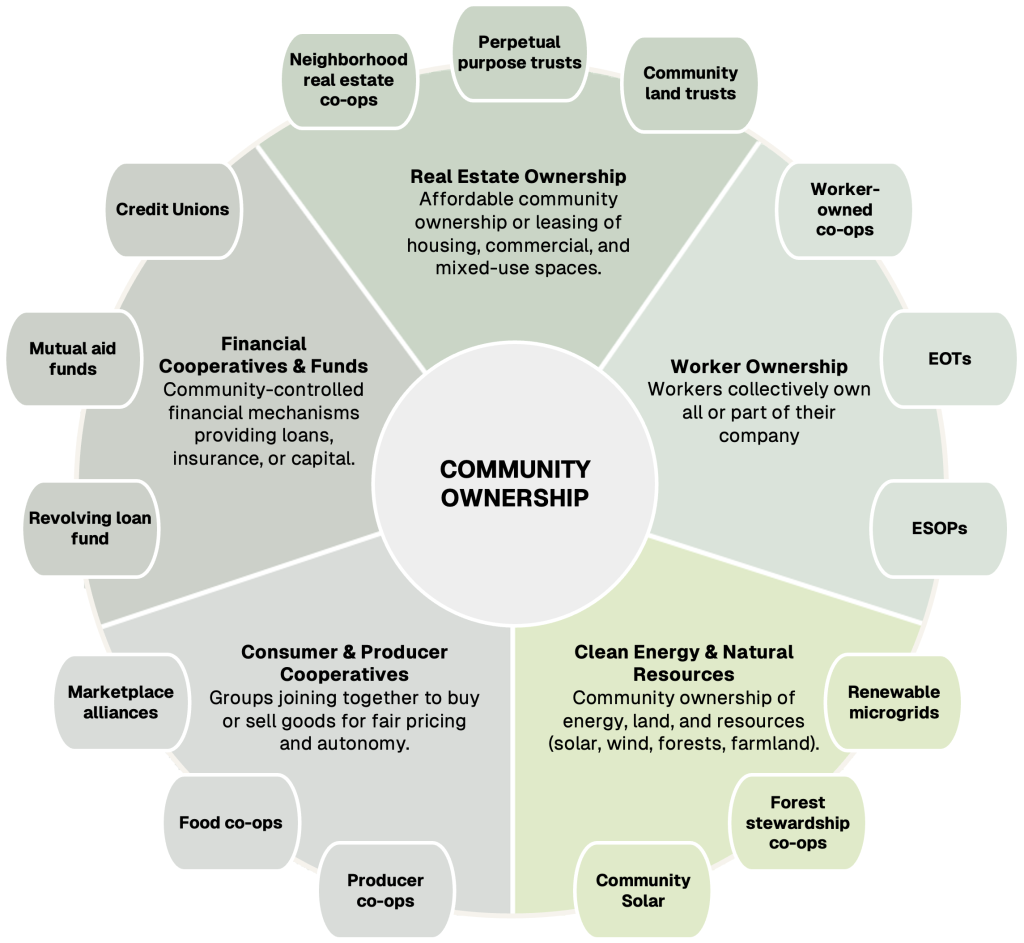 Circular graphic naming types of community ownership and examples of each.